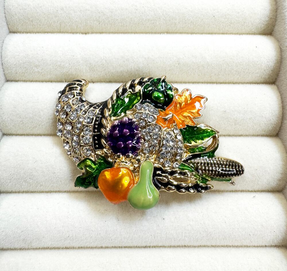 Thanksgiving Cornucopia Brooch Pin Rhinestone Harvest Fall Turkey 2" CP186